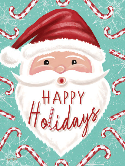 Elizabeth Tyndall ET510 - ET510 - Happy Holidays Candy Cane Santa - 12x16 Happy Holidays text, Santa Claus, candy canes, mint green background, festive pattern, holiday cheer, playful Santa art, whimsical Christmas image from Penny Lane