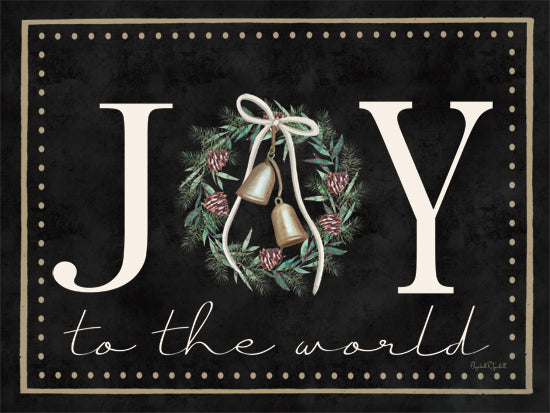 Elizabeth Tyndall ET513 - ET513 - Joy to the World - 16x12 Joy to the World text, Christmas wreath with bells, black background, classic holiday typography, festive greenery, pinecones, elegant seasonal message from Penny Lane