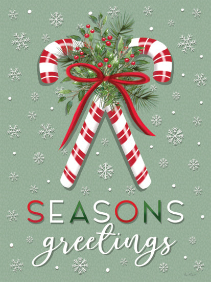 Elizabeth Tyndall ET530 - ET530 - Season Greetings Candy Canes II - 12x16 candy canes, greenery, red bow, snowflakes, Christmas theme, holiday greeting, green background from Penny Lane