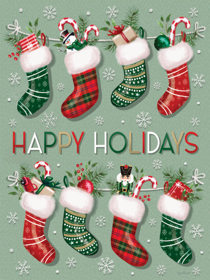 Elizabeth Tyndall ET532 - ET532 - Happy Holidays Stockings II - 12x16 Christmas stockings, plaid patterns, filled with gifts and candy canes, nutcracker, snowflakes, holiday garland from Penny Lane