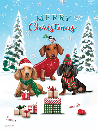 Elizabeth Tyndall ET585 - ET585 - Merry Christmas Dachshunds - 12x16 merry christmas dachshunds, winter dogs, holiday pets, snow scene, christmas trees, presents, candy canes, bird on dog head, festive scarves, santa hat, christmas sweater, whimsical dog art, holiday typography, seasonal pet illustration, hand-painted christmas decor, snowy woodland background, cute animal wall art from Penny Lane