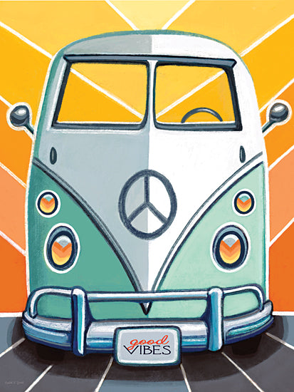 Elizabeth Tyndall ET625 - ET625 - Van Life - 12x16 van, retro bus, good vibes, peace sign, sun rays, orange yellow background, typography, vintage, travel art, positive design from Penny Lane