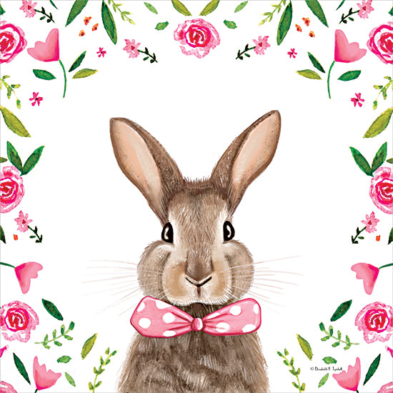 Elizabeth Tyndall ET631 - ET631 - Pink Roses Floral Bunny - 12x12 rabbit, bunny, pink bow, flowers, spring, floral border, cute animal, Easter theme, feminine, whimsical art from Penny Lane