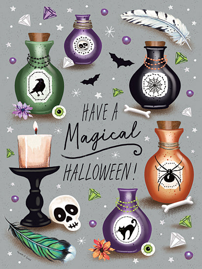 Elizabeth Tyndall ET634 - ET634 - Have a Magical Halloween - 12x16 Halloween greeting card, magic potions, colorful bottles, crow, spider, skull, bones, candle, bats, mystical elements, fantasy illustration, decorative design from Penny Lane