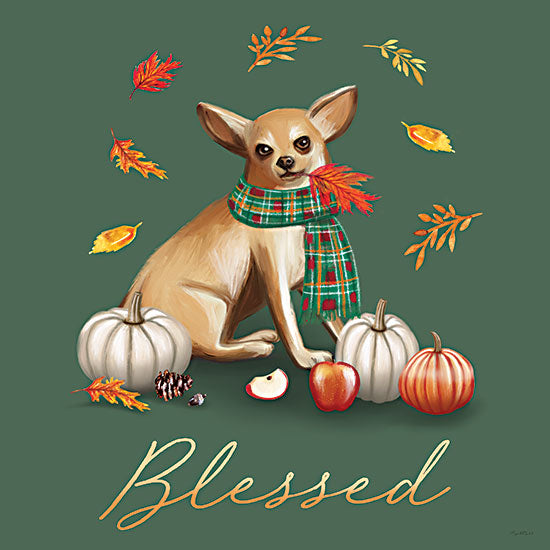 Elizabeth Tyndall ET648 - ET648 - Fall Dogs Blessed - 12x12 blessed chihuahua, small dog portrait, fall pumpkin art, autumn leaves, scarf, green background, pet illustration, seasonal decor, thanksgiving wall art, whimsical dog art, harvest style, cozy autumn, hand-painted puppy, grateful home decor, word art, cute chihuahua, festive pet art from Penny Lane
