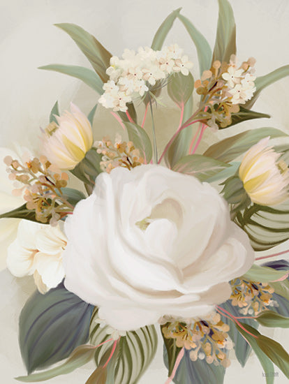 House Fenway FEN1202 - FEN1202 - Floral Variegate I - 12x16 White rose, floral bouquet, pastel tones, botanical illustration, elegant flowers, watercolor style, foliage from Penny Lane