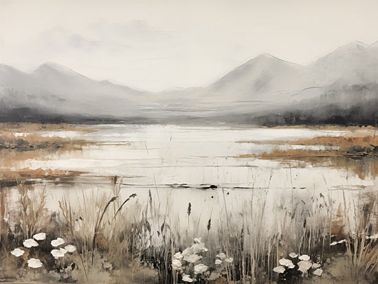 Heidi Kuntz HK201 - HK201 - Bright Waters   - 16x12 misty mountains, reflective lake, earthy tones, soft clouds, wildflowers foreground, moody atmosphere, tranquil landscape from Penny Lane