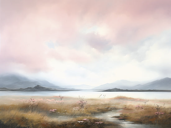 Heidi Kuntz HK228 - HK228 - Pink Skies   - 16x12 pink sky, misty mountains, calm water, wildflowers, soft horizon, dreamy pastel landscape, tranquil scene, painterly impression from Penny Lane
