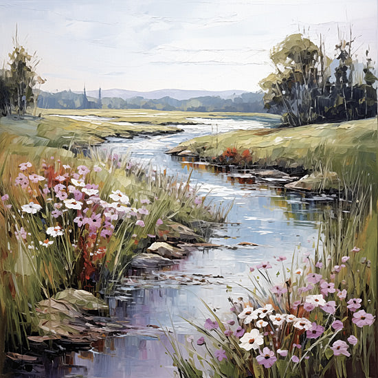 Heidi Kuntz HK230 - HK230 - Strem Bend   - 12x12 spring meadow, blooming wildflowers, calm river, vibrant nature, tranquil scene, countryside landscape, pastel flowers, peaceful stream from Penny Lane