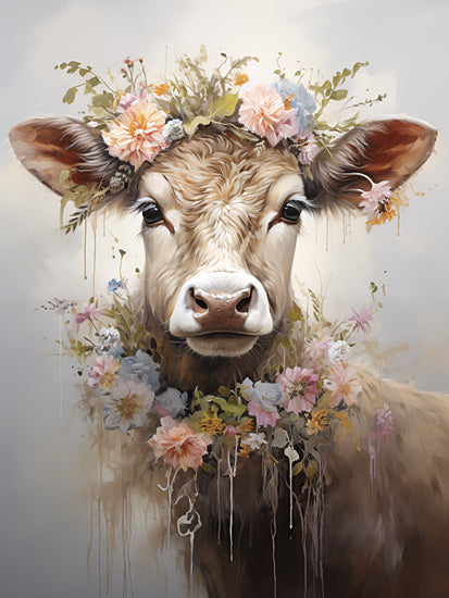 Heidi Kuntz HK258 - HK258 - Gracie   - 12x16 cow with flowers, farmyard portrait, rustic animal art, boho style, floral crown, country charm from Penny Lane