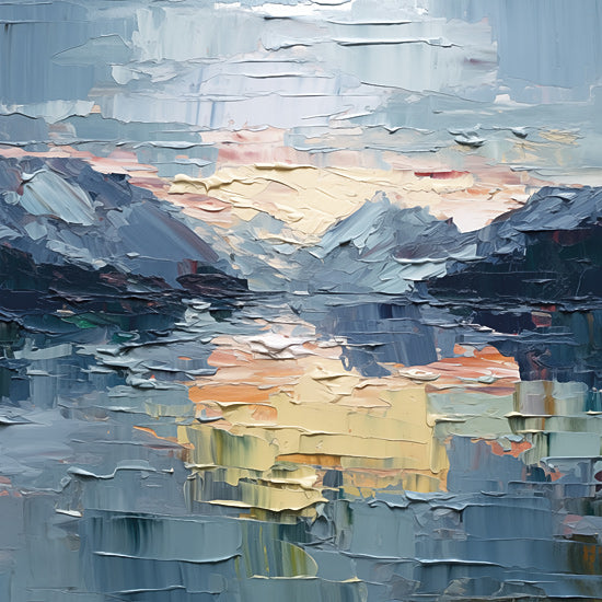 Heidi Kuntz HK272 - HK272 - Distance    - 12x12 impasto painting, mountain lake, textured brush strokes, blue water, colorful sunset reflection, heavy paint layers from Penny Lane