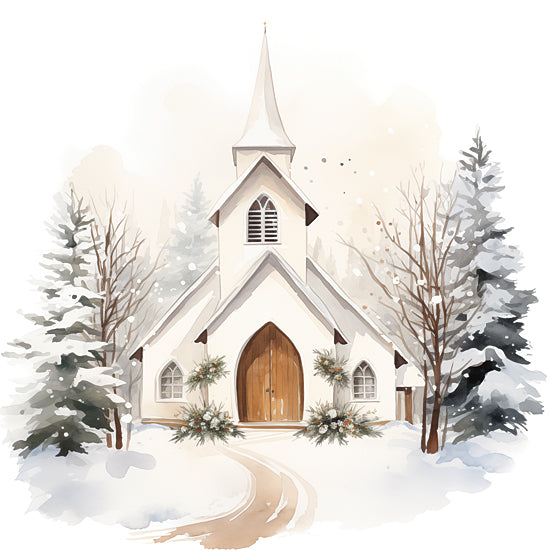 Heidi Kuntz HK299 - HK299 - Snowy Chapel  - 12x12 snowy church, white chapel, winter scene, pine trees, festive greenery, peaceful landscape, wooden door, snow falling from Penny Lane