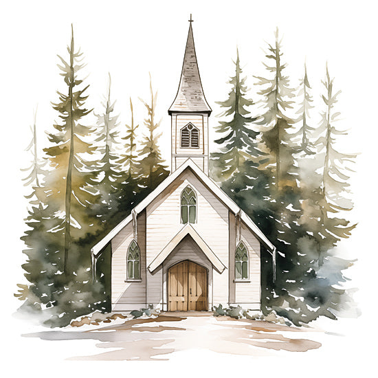 Heidi Kuntz HK301 - HK301 - Chapel in the Woods  - 12x12 white wooden church, steeple, evergreen forest, snow on ground, rustic chapel, tall trees, serene winter from Penny Lane