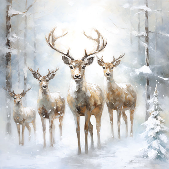 Heidi Kuntz HK304 - HK304 - Watchful Eyes  - 12x12 four deer, snowy forest, stag with antlers, wildlife in winter, frosty woodland, nature scene, peaceful animals from Penny Lane