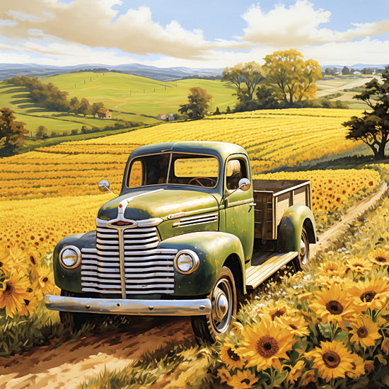 Heidi Kuntz HK315 - HK315 - Sunshine Blooms   - 12x12 vintage green pickup truck, sunflower field, countryside landscape, rolling hills, rural road, bright sunny day, nostalgic farming scene, classic vehicle from Penny Lane