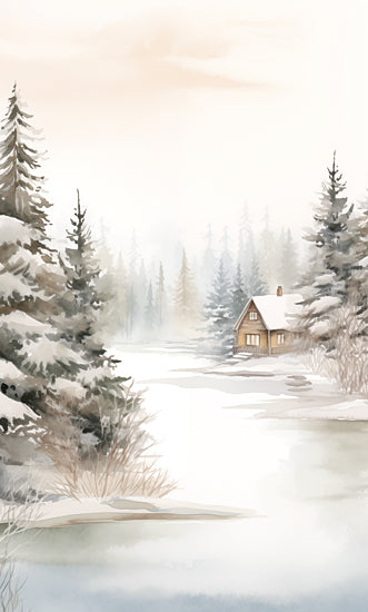 Heidi Kuntz HK327 - HK327 - Winter Getaway    - 12x18 snowy forest, cozy cabin, winter landscape, evergreen trees, frozen lake, misty background, peaceful retreat, watercolor style from Penny Lane