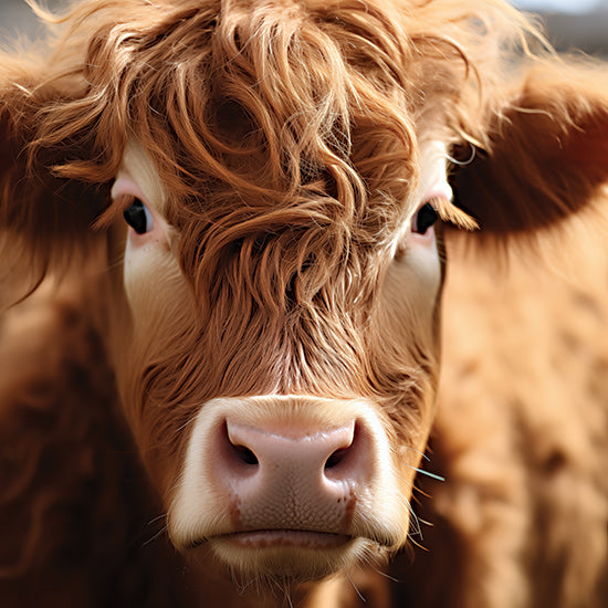 Heidi Kuntz HK338 - HK338 - Highland Close Up   - 12x12 ginger cow face, curly hair, soft gaze, farm animal, close-up portrait, textured fur, rural livestock, warm tones from Penny Lane