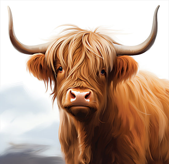 Heidi Kuntz HK339 - HK339 - Silky Highland   - 12x12 highland cow, long horns, shaggy coat, rustic animal portrait, Scottish cattle, farm animal, windswept hair, stoic gaze from Penny Lane