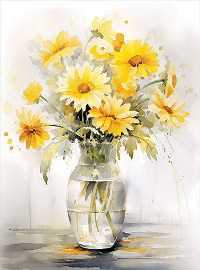 Heidi Kuntz HK352 - HK352 - Captured Sunlight   - 12x16 Yellow daisies in glass vase, still life floral, watercolor style, bright and cheerful bouquet from Penny Lane