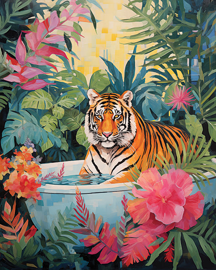 Heidi Kuntz HK358 - HK358 - Tiger Tropical Retreat  - 12x16 tiger, tropical jungle, exotic flora, bathtub, water, vibrant colors, lush vegetation, pink flowers, green leaves, yellow background, stylized art, majestic animal from Penny Lane