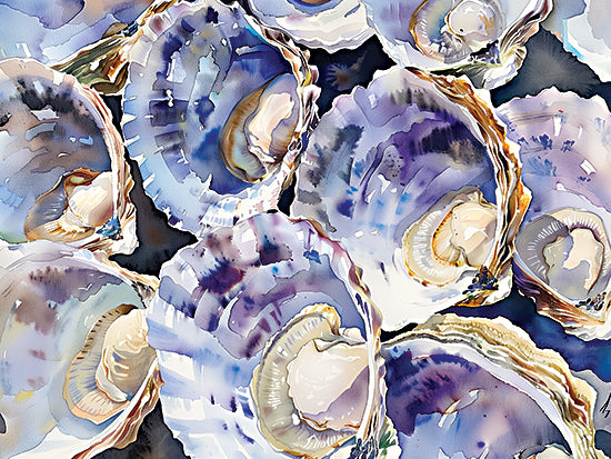 Heidi Kuntz HK369 - HK369 - Clam Shellabration  - 16x12 oyster shells, watercolor illustration, sea life, soft purples and blues, marine textures, artistic seafood depiction, detailed brushwork from Penny Lane