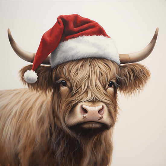 Heidi Kuntz HK403 - HK403 - Holiday Highland   - 12x12 Highland cow, Santa hat, Christmas animal art, festive cow, holiday decor, humorous farm animal, rustic Christmas, winter farm scene from Penny Lane