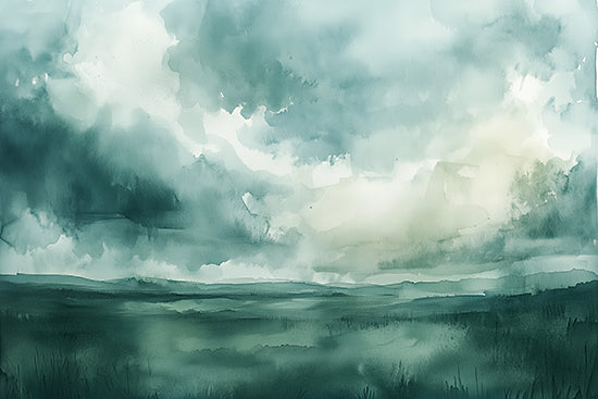 Heidi Kuntz HK461 - HK461 - Haunting Hues      - 18x12 moody watercolor landscape, storm clouds, green fields, misty hills, atmospheric sky, nature scene, rainy weather, soft edges, contemporary landscape painting, tranquil moody, horizon line, painterly wash from Penny Lane