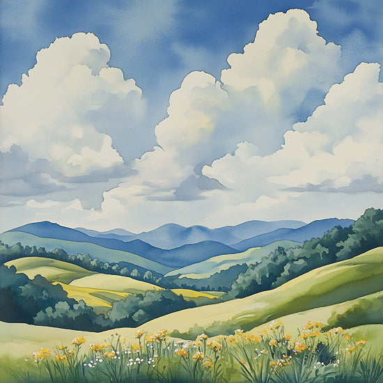 Heidi Kuntz HK465 - HK465 - Skyward Gaze   - 12x12 watercolor mountains, rolling hills, wildflower meadow, blue sky, fluffy clouds, spring landscape, nature scenery, bright cheerful, pastoral valley, layered mountains, countryside, scenic view, painterly from Penny Lane