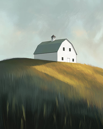 Heidi Kuntz HK467 - HK467 - Barn on the Hill   - 12x16 white barn on rolling green hill, soft mint sky, peaceful countryside, farmhouse landscape, sunlit grassy field, minimal rural scene, green roof barn, quiet country art, painterly meadow from Penny Lane