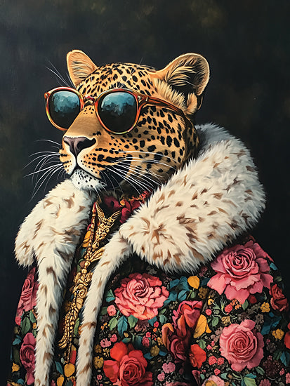 Heidi Kuntz HK516 - HK516 - Cool Cat II - 12x16 leopard wearing sunglasses, floral coat, fur collar, gold chain, fashion animal portrait, luxury style, anthropomorphic animal, cool leopard, vibrant colors, detailed fur texture from Penny Lane