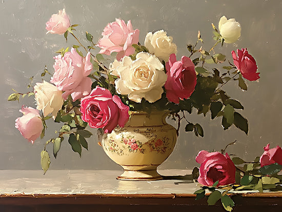 Heidi Kuntz HK596 - HK596 - Porcelain Roses - 16x12 vase of roses, still life painting, white and pink roses, antique floral vase, soft lighting, romantic floral arrangement, detailed petals, classical composition from Penny Lane