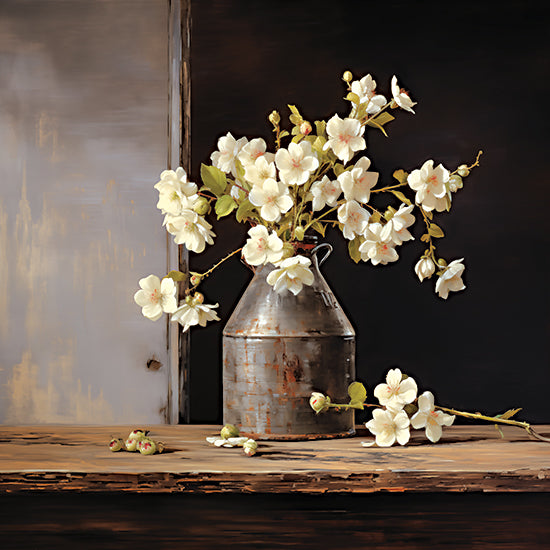 Heidi Kuntz HK647 - HK647 - Rustic Bouquet - 12x12 still life flowers, white blossoms, rustic vase, farmhouse decor, moody background, botanical painting, spring branches, neutral tones, painterly style, elegant arrangement, soft lighting, vintage jug, floral still life from Penny Lane