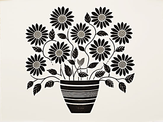 Heidi Kuntz HK675 - HK675 - Floral Blockprint II - 16x12 black and white folk art flower pot, daisy silhouettes, striped planter, botanical stencil style, simple floral pattern, cream background, rustic primitive bouquet, monochrome decorative art from Penny Lane
