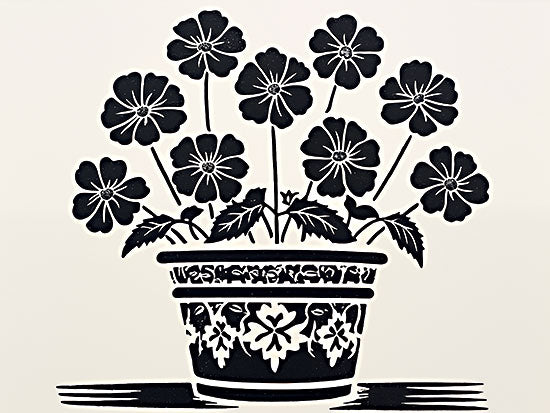 Heidi Kuntz HK676 - HK676 - Floral Blockprint III - 16x12 black and white folk art flowers in decorated pot, bold floral silhouettes, primitive planter, cream background, symmetrical bouquet, monochrome botanical stencil, rustic decorative wall art from Penny Lane