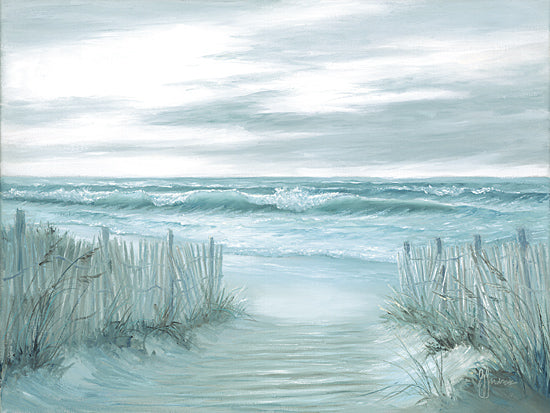 Georgia Janisse JAN336 - JAN336 - Invitation to the Shore - 16x12 beach entrance, sandy path, dune fencing, gentle waves, overcast seascape, sea grasses, quiet coastal scene, painterly aesthetic from Penny Lane
