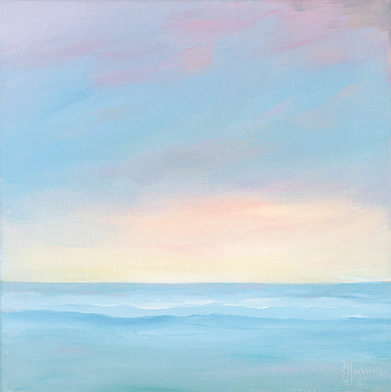 Georgia Janisse JAN375 - JAN375 - Sunrise Calm - 12x12 coastal inlet, buoy, pink sky, aqua water, shoreline, peaceful seascape, ocean, pastel landscape, painterly from Penny Lane