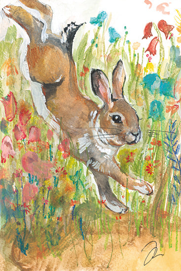 Jessica Mingo JM637 - JM637 - Jumping Bunny - 12x18 watercolor bunny illustration, rabbit leaping in meadow, floral background, springtime animal art, playful wildlife, nature scene, bright colors from Penny Lane