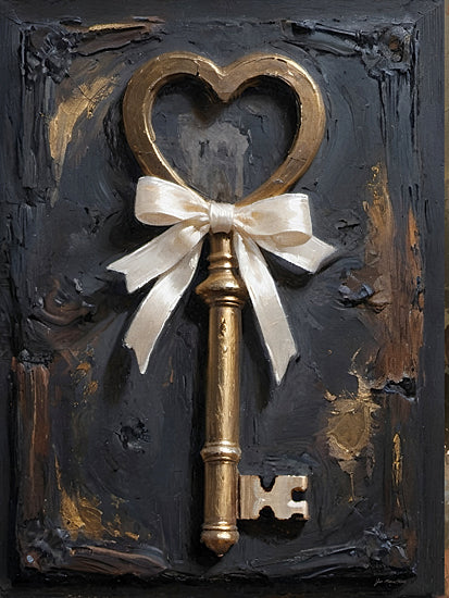Jo Moulton JO291 - JO291 - Key to My Heart - 12x16 antique heart key, ivory ribbon bow, textured dark background, gold metallic highlights, vintage object study, dramatic lighting, rustic patina, romance symbolism from Penny Lane