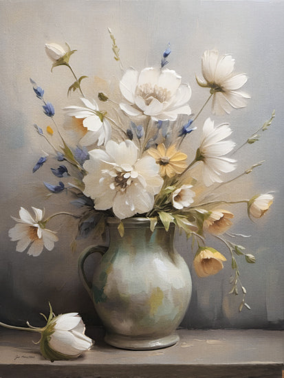 Jo Moulton JO293 - JO293 - Ivory Blooms - 12x16 floral still life, white flowers, daisies, wildflowers, soft blue accents, ceramic pitcher, neutral background, cottagecore, shabby chic, painterly bouquet, delicate petals, muted tones, home decor, spring flowers, gentle brush strokes, vase on ledge from Penny Lane