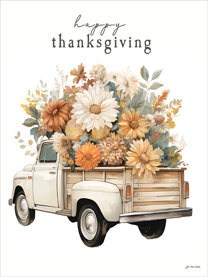 Jo Moulton JO377 - JO377 - Happy Thanksgiving Truck - 12x16 happy thanksgiving, vintage white pickup truck, truck bed full of flowers, fall floral bouquet, daisies and mums, autumn palette, farmhouse thanksgiving decor, seasonal greeting, watercolor illustration, cozy rustic style, country thanksgiving, harvest celebration, neutral background, holiday wall art, word art from Penny Lane
