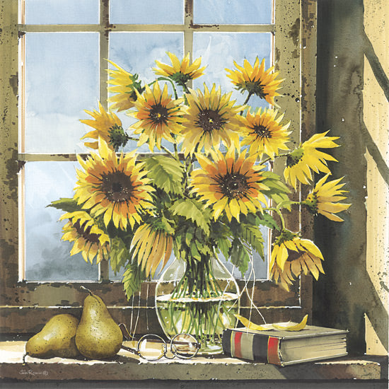 John Rossini JR445 - JR445 - Still Life with Sunflowers - 12x12 sunflowers in vase, window light, still life painting, bright yellow flowers, rustic kitchen windowsill, books and glasses from Penny Lane