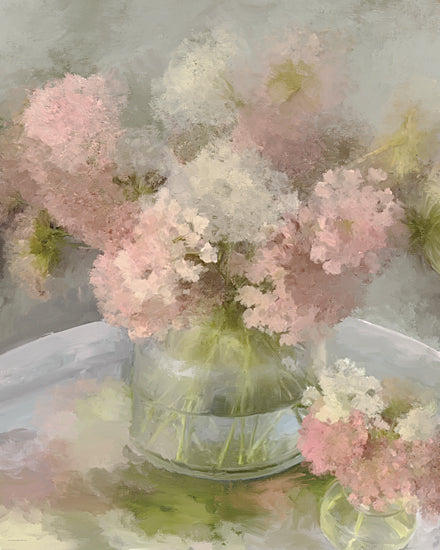 Kamdon Kreations KAM1093 - KAM1093 - Whispers in Bloom - 12x16 still life floral arrangement, soft pastel hydrangeas, delicate blooms in glass vase, romantic flower painting, painterly realism, gentle brushstrokes, calming home decor art, impressionist still life from Penny Lane