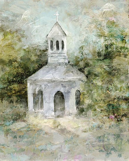 Kamdon Kreations KAM1094 - KAM1094 - Where Prayers Linger - 12x16 country chapel painting, white church in landscape, rustic countryside art, serene religious architecture, peaceful nature scenery, painterly landscape, soft brushwork, faith-inspired art from Penny Lane