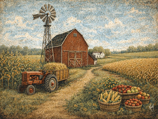 Keith Bowman KB103 - KB103 - The Farmer's Homestead - 16x12 red barn, windmill, tractor with hay wagon, farm harvest, cornfields, baskets of apples, country road, rural landscape, folk art farm, rustic agricultural scene, autumn harvest feeling, farmhouse countryside, vintage textured painting, pastoral Americana, vegetable baskets from Penny Lane