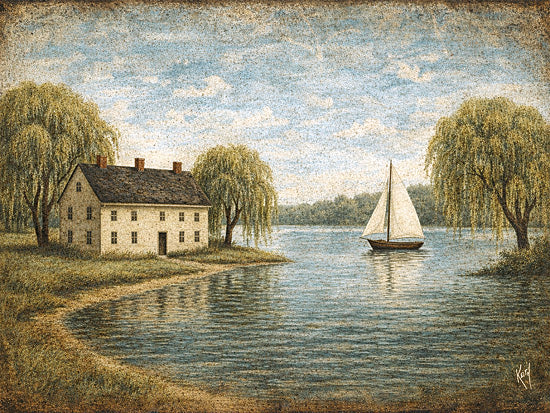 Keith Bowman KB104 - KB104 - The Lake House - 16x12 lake house landscape, sailboat on water, willow trees, calm lake, white country home, reflective water, folk art scenery, rustic lakeside cottage, peaceful summer day, primitive landscape, blue sky and clouds, rural waterfront, lodge decor, vintage pastoral art from Penny Lane