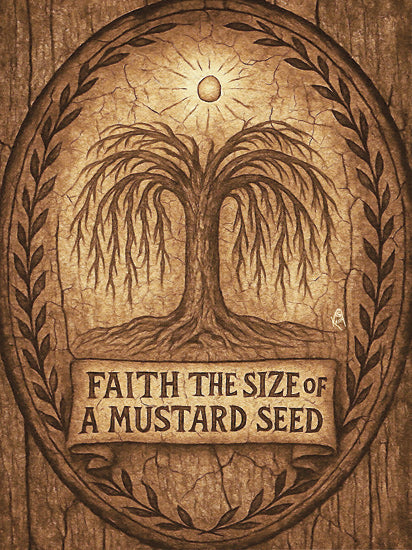 Keith Bowman KB107 - KB107 - Mustard Seed Faith - 12x16 mustard seed faith sign, willow tree emblem, religious typography, inspirational phrase, rustic oval medallion, primitive wall art, sepia brown palette, Christian decor, faith the size of a mustard seed, vintage texture, word art, botanical border, spiritual farmhouse sign from Penny Lane