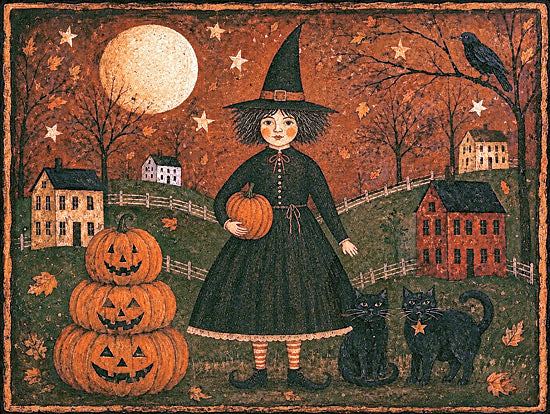 Keith Bowman KB166 - KB166 - Witches Night Out - 16x12 holidays & seasonal, juvenile, animals, landscape, figurative, still life, halloween, children, pets, birds, country, trees, sky, witch, jack-o-lantern, full moon, black cat, crow, fall leaves, houses, folk art, vintage, mixed media, orange from Penny Lane