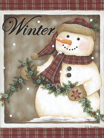 Lisa Kennedy KEN1341 - KEN1341 - Primitive Winter - 12x16 festive snowman, winter scene, Christmas decorations, plaid scarf, cheerful snowman, holiday decor from Penny Lane