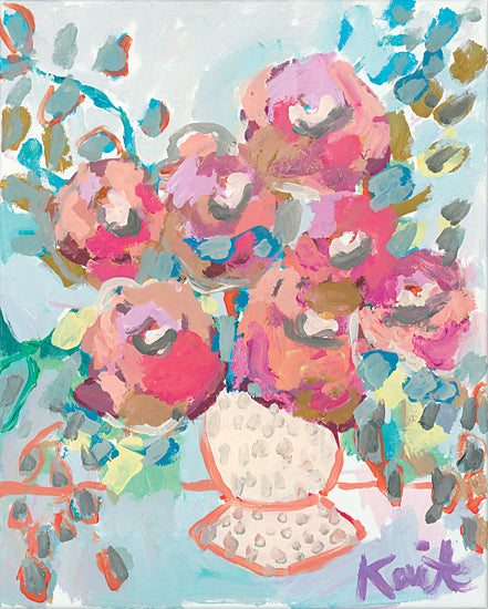 Kait Roberts KR693 - KR693 - Flowers for Kim - 12x16 floral bouquet, peonies, pink flowers, white patterned vase, abstract florals, expressive brushwork, pastel palette, mint background, contemporary still life, painterly texture, feminine decor, loose petals, modern floral art, decorative bouquet, soft green accents, studio painting from Penny Lane
