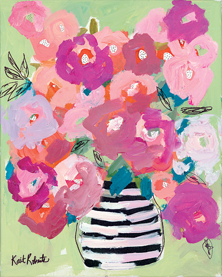 Kait Roberts KR694 - KR694 - Poppies in Strawberry & Taffy - 12x16 bold floral bouquet, pink and purple flowers, striped black and white vase, lime green background, abstract flowers, expressive petals, contemporary floral painting, whimsical line leaves, colorful still life, painterly brush strokes, feminine decor, modern bouquet, vibrant wall art, playful composition from Penny Lane